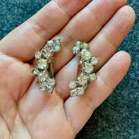 Vintage Rhinestone Ear Climber Clip On Earrings - Picture 2 of 5
